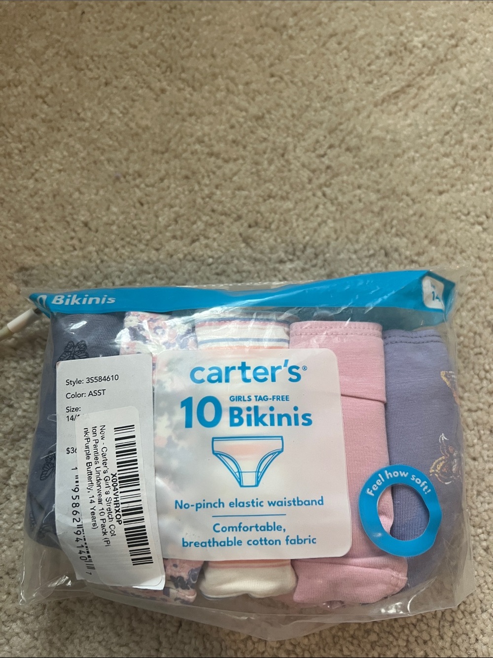 Carter's Girls 10-Pack Bikini Underwear - Pink, Purple, White, Navy